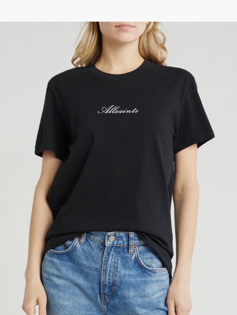 AllSaints Black Crewneck Tee with Subtle Neck Tag